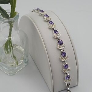 VTG Napier Bracelet Silver Tone Purple Rhinestone Floral Fairycore Romantic